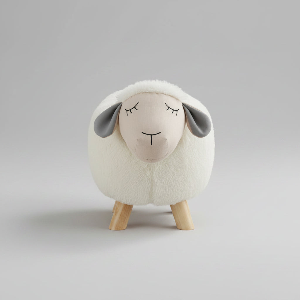 Sheep-shaped ottoman on a carpeted floor with a neutral background