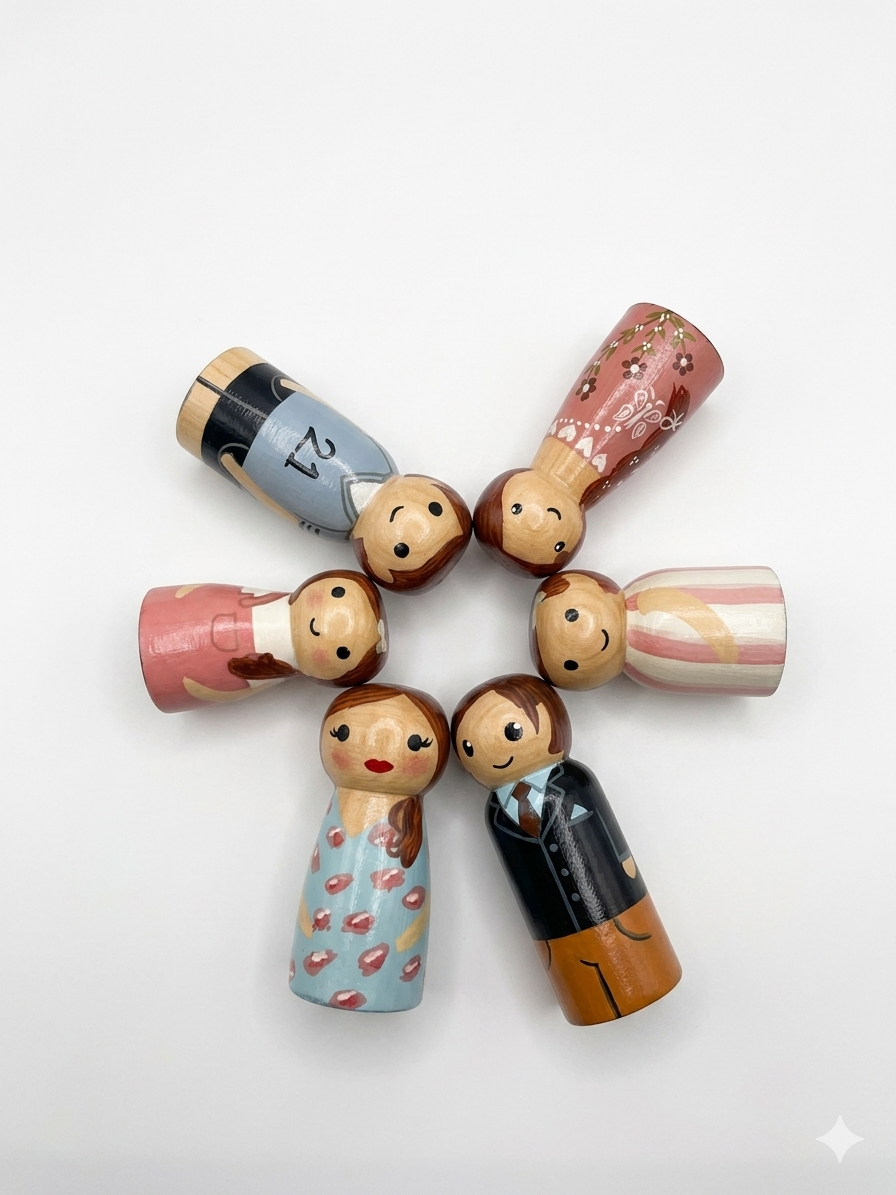 Set of colorful wooden peg dolls arranged in a circle on a white background